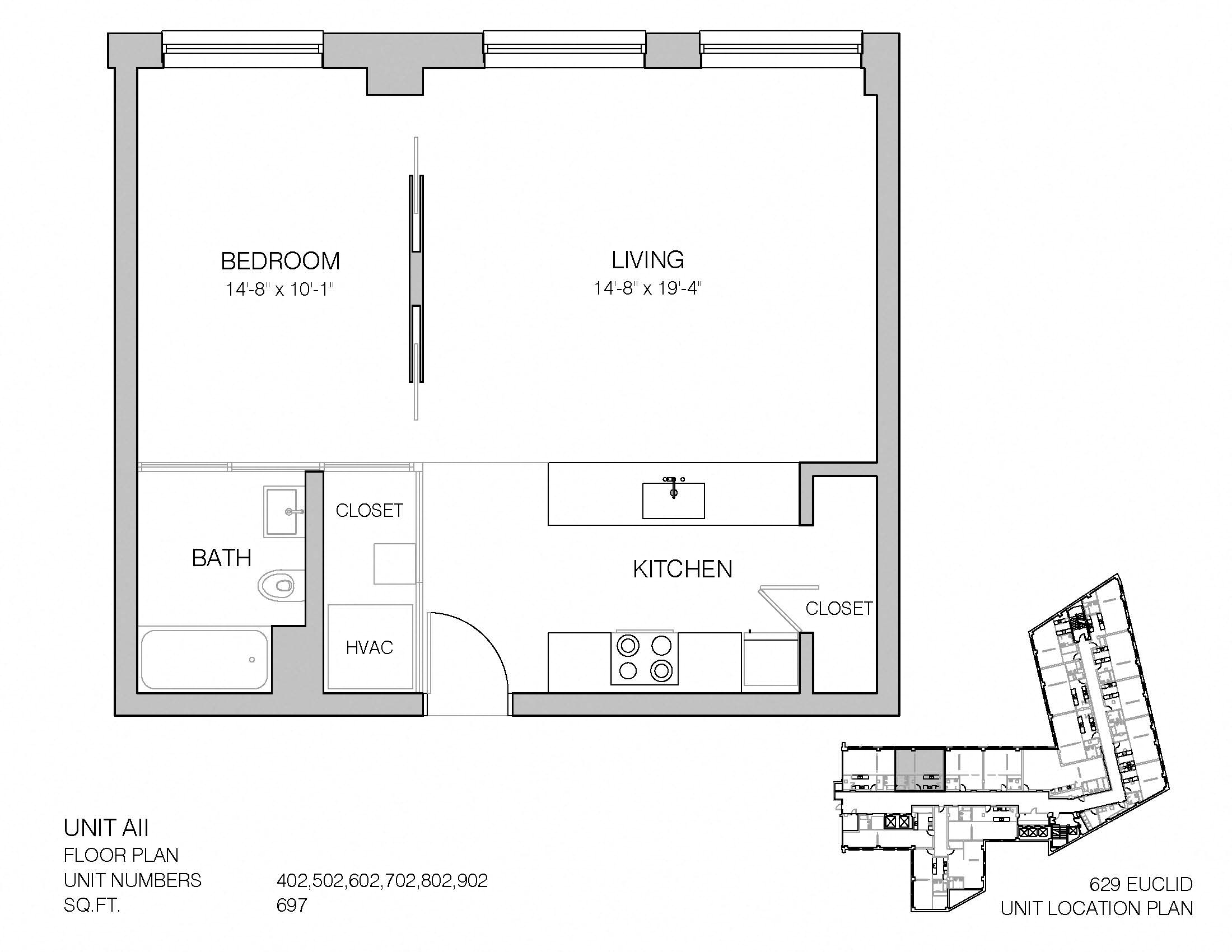 Floor plan for 1 bed, 1 bath, 697 sqft